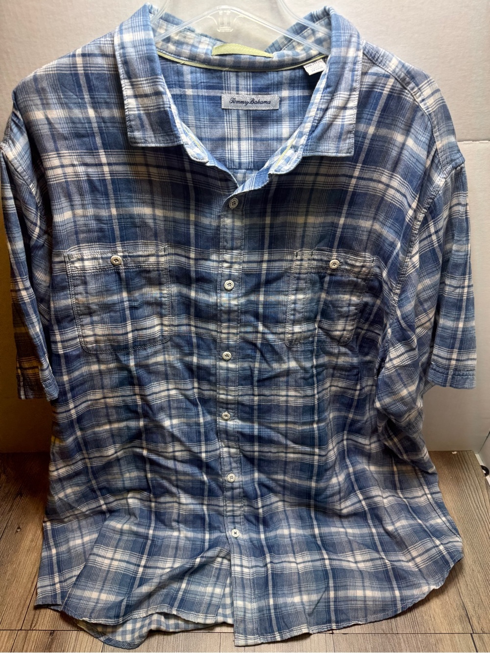Tommy Bahama Short Sleeve Men's Blue White Plaid 100% Cotton Shirt size XXXL